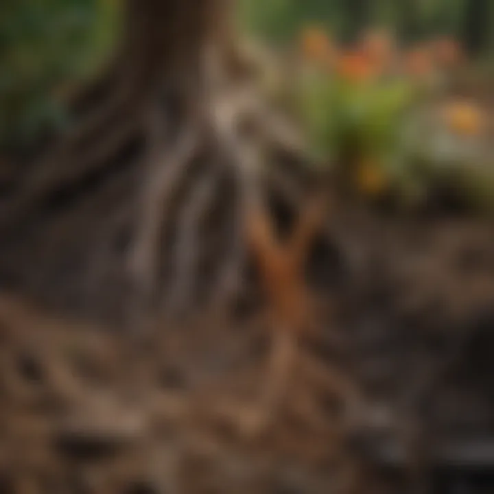 Close-up view of a flower root interacting with soil microbes and nutrients.