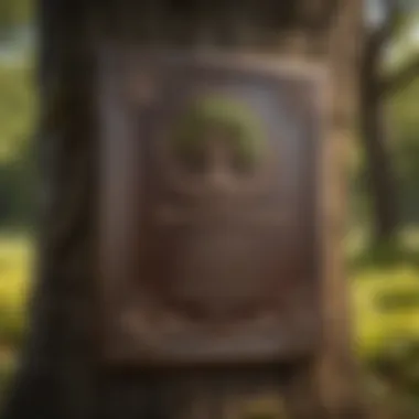 Close-up of a commemorative plaque beside a flourishing tree in a park