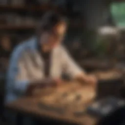 Archaeological technician analyzing artifacts in a lab setting.