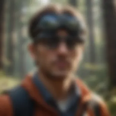 A picturesque landscape with a traveler using augmented reality glasses