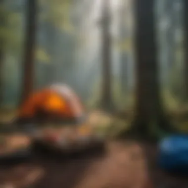 Illustration of a campsite with proper food storage techniques.