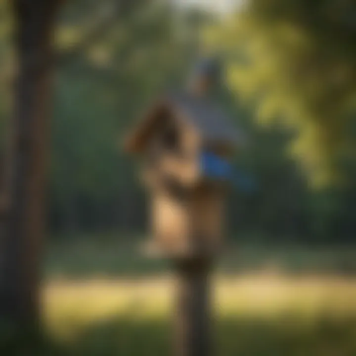 A bluebird house mounted on a wooden post in an open field.