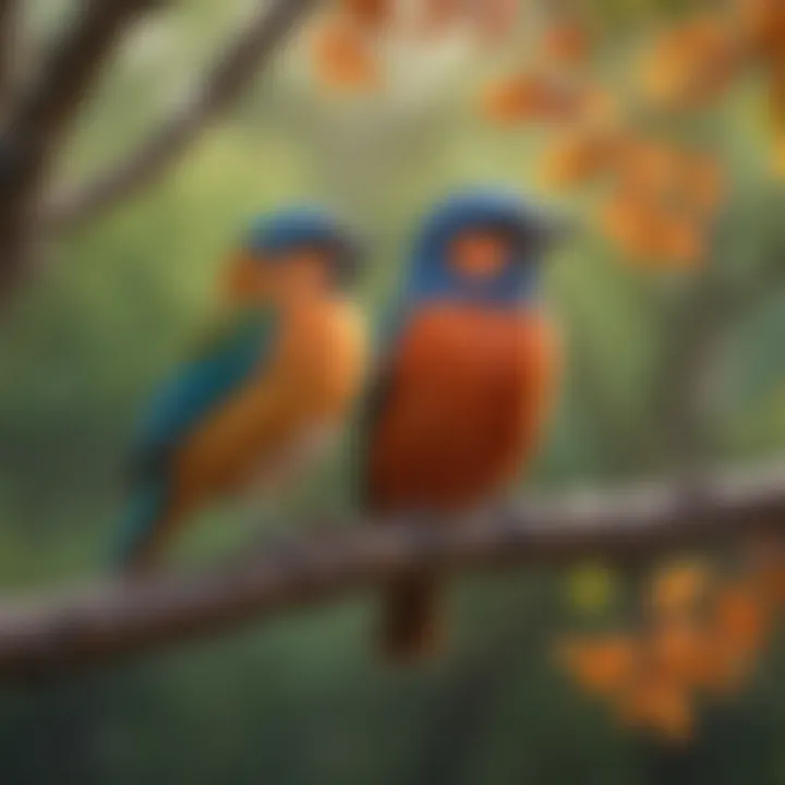 Colorful birds perched on a branch