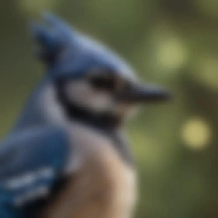 A close-up of a blue jay displaying its feathers