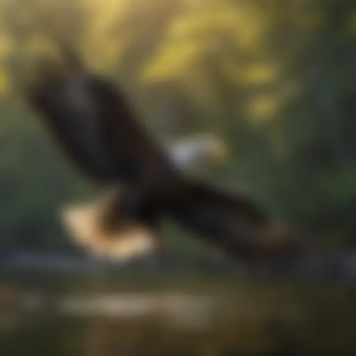 A majestic bald eagle soaring over a serene river landscape.