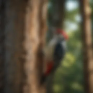 A colorful woodpecker tapping on a tree trunk, highlighting its unique patterns.