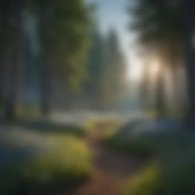 The Tranquility of Blue Moon Meadows A serene blue moon meadow surrounded by towering trees.