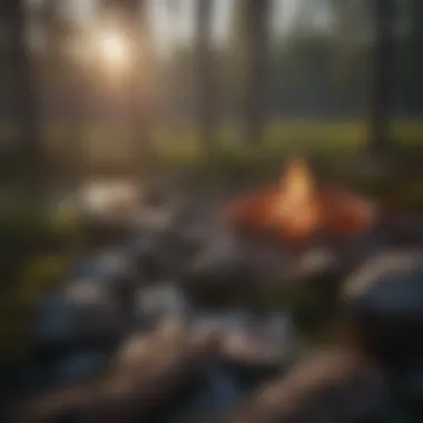 A group of paddlers enjoying a peaceful moment by a campfire in the heart of the Boundary Waters wilderness.