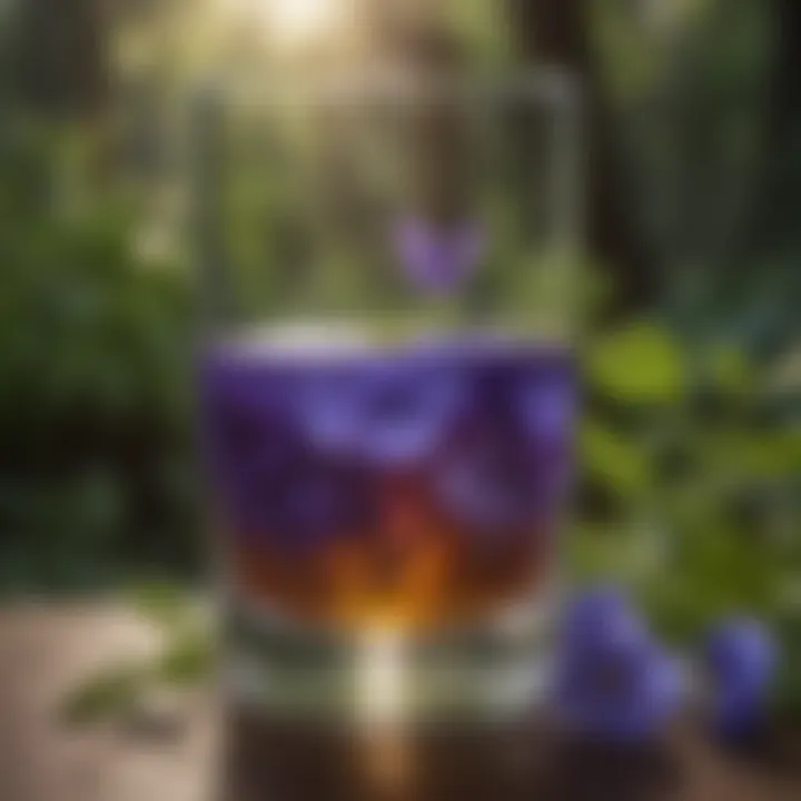 Infusion of butterfly pea flower tea in a glass