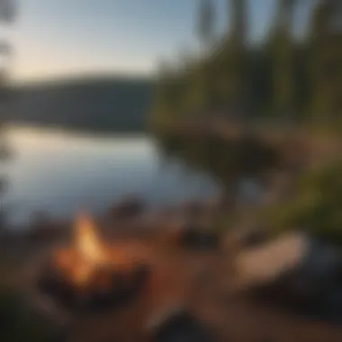 Campfire setup with a view of a tranquil lake