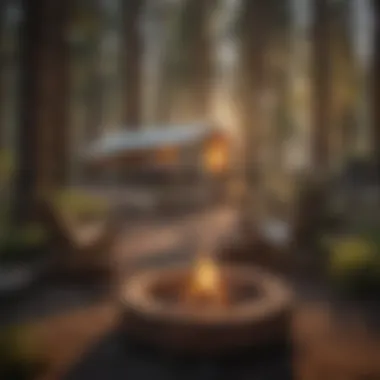 Campsite with a cozy fire pit surrounded by pine trees