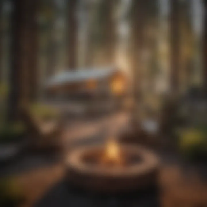 Campsite with a cozy fire pit surrounded by pine trees
