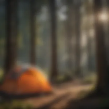 A camper setting up a tent in a picturesque location