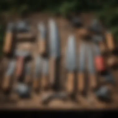 Essential Tools for Tree Chopping A diverse assortment of tree felling tools arranged on a wooden surface
