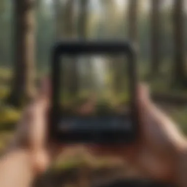 A digital device displaying woodland management data in a natural setting