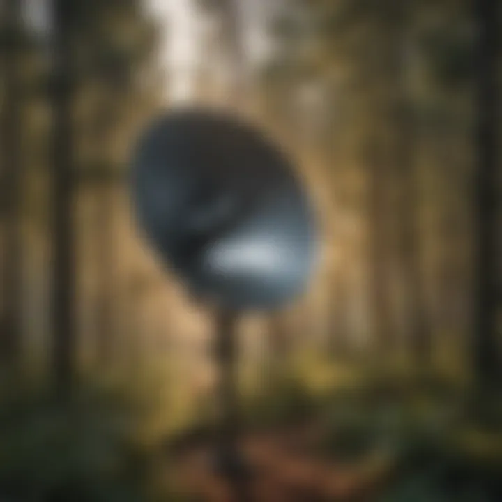 Close-up of a satellite dish installed among trees