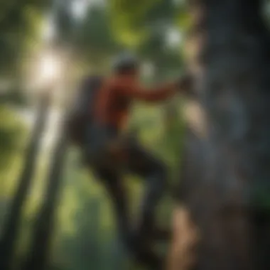 Climber Ascending a Tree with Harness A climber securely fastened in a harness ascending a sturdy tree trunk.