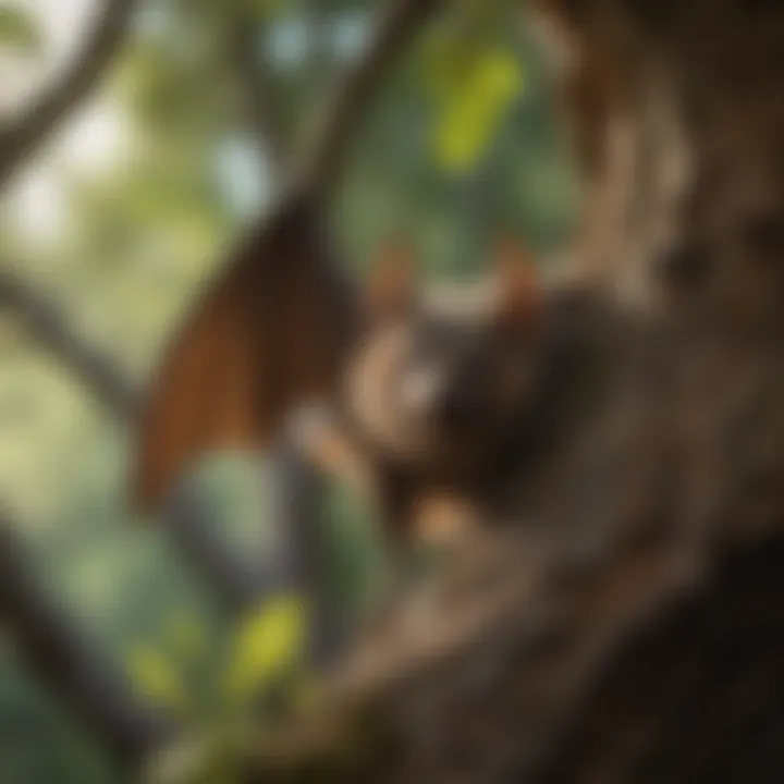 A close-up view of a bat emerging from its roost in a tree.