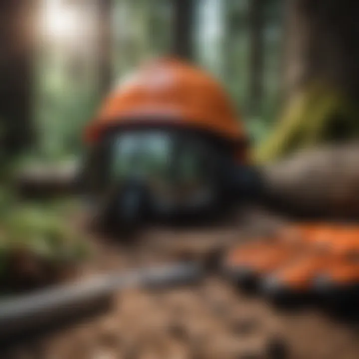 Safety gear including helmet, goggles, and gloves laid out for tree cutting.