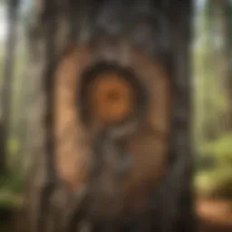 A close-up of a tree trunk showing signs of decay and health assessment indicators