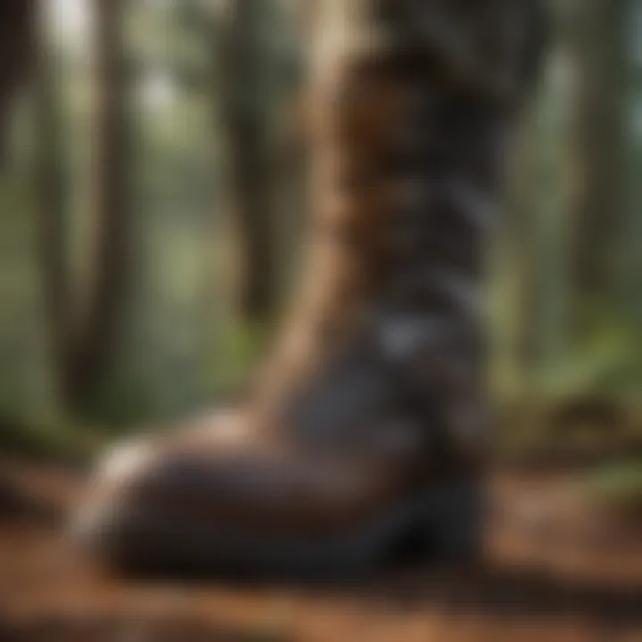 Close-up view of tree climbing spurs attached to boots