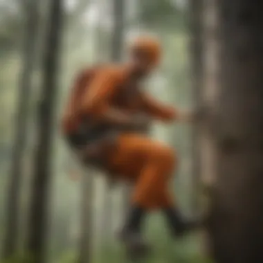 Forestry professional using tree climbing spurs in a forest