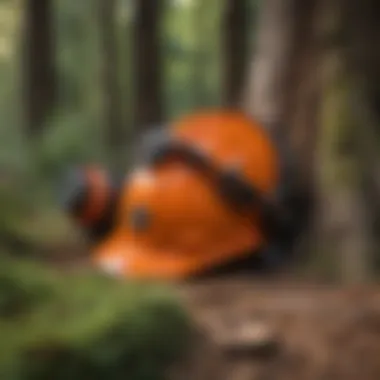 Safety gear including helmet, goggles, and gloves laid out for tree cutting procedures