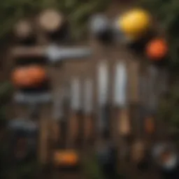 Illustration of various tree cutting tools arranged neatly.