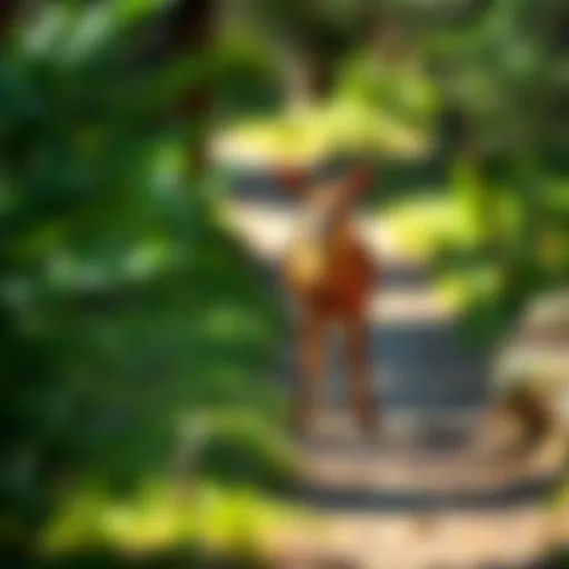 A deer navigating a canyon trail surrounded by lush greenery