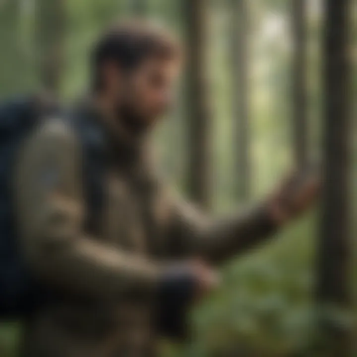 A person applying repellent in a forest