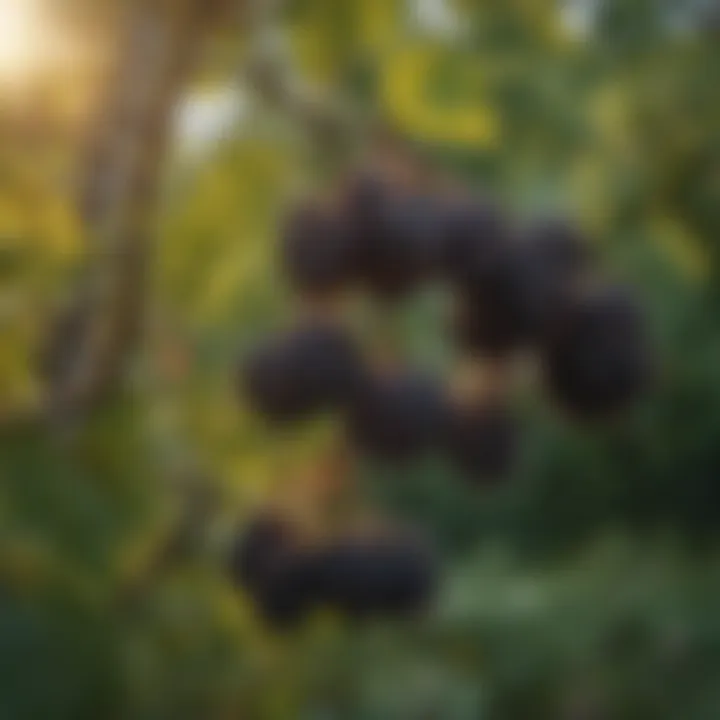 Close-up of ripe elderberries on a branch