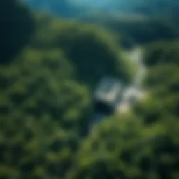 Aerial view of a dam surrounded by lush green forests