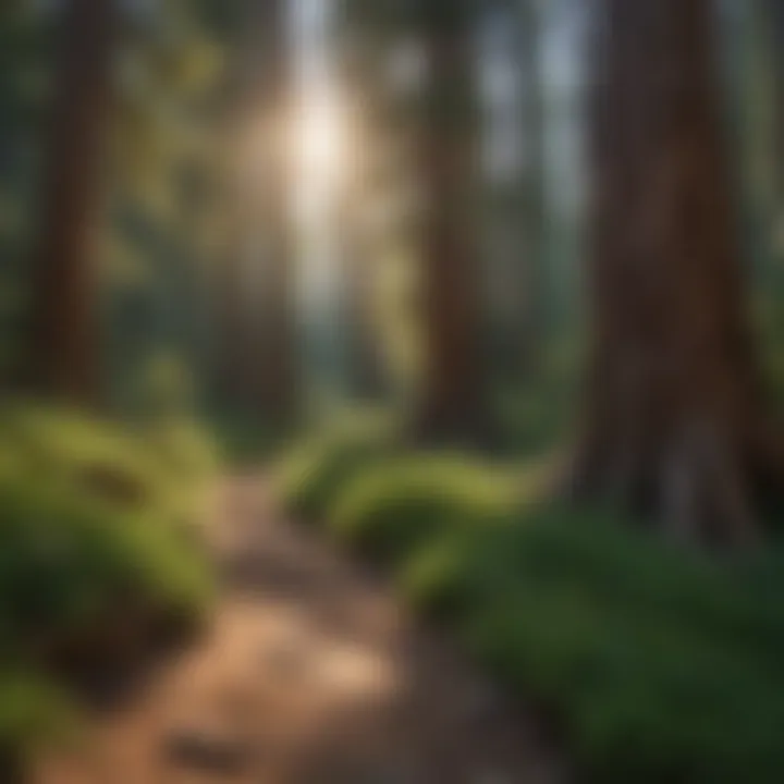 A serene hiking trail winding through lush forest