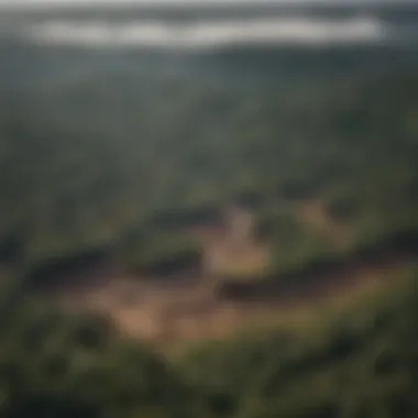 Aerial view of deforested land with contrasting healthy woodland