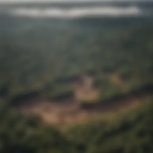 Aerial view of deforested land with contrasting healthy woodland