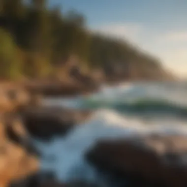 The rugged coastline of Acadia with crashing waves against granite cliffs, illustrating the park's natural beauty.