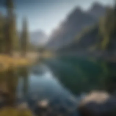 A panoramic view of a crystal-clear lake surrounded by rugged mountains