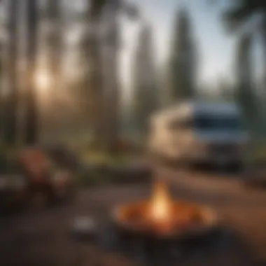 Cozy RV setup with campfire in the foreground