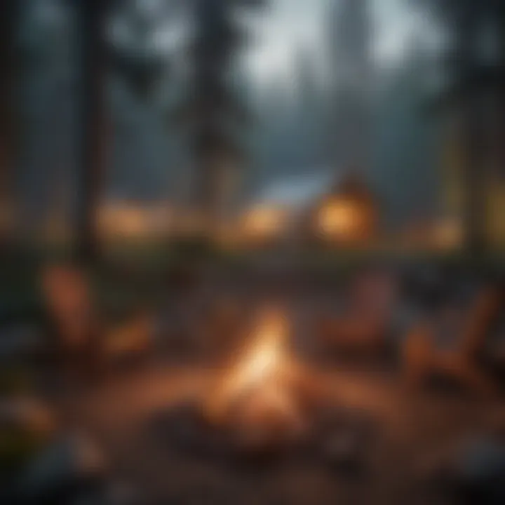 A cozy campsite with a glowing campfire at dusk