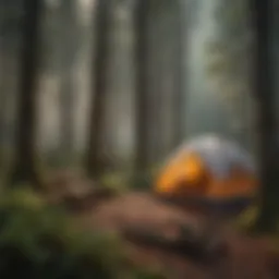 A serene campsite nestled in a lush forest