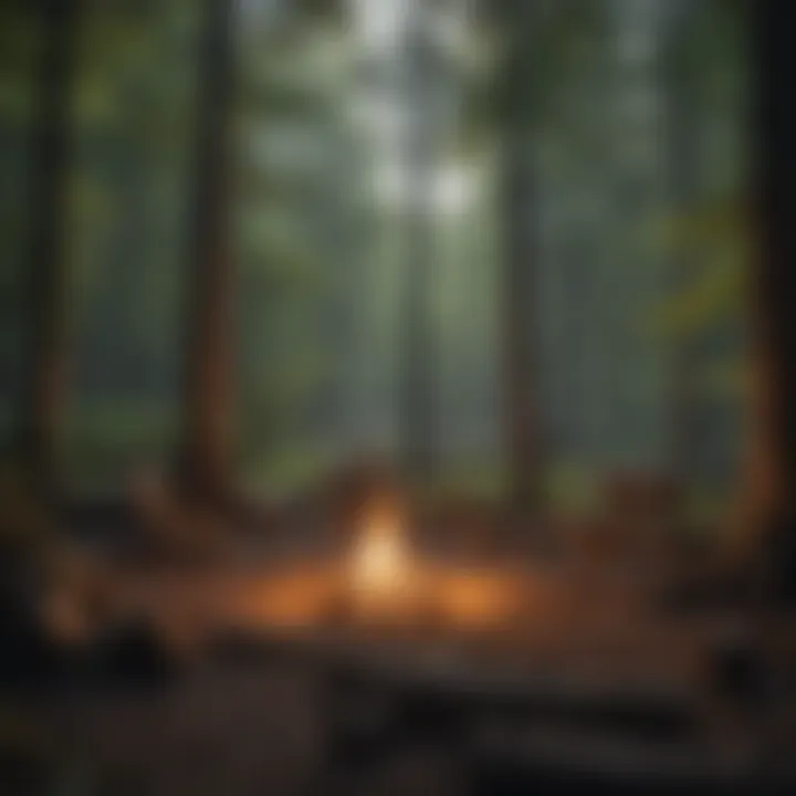 Campfire setting surrounded by tall trees in a wooded area