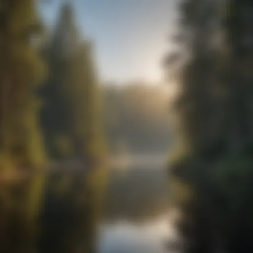 Serene lakeside campground surrounded by towering pines