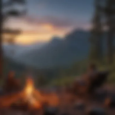 Campfire glowing in the twilight with distant mountains