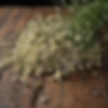 An assortment of dried chamomile flowers arranged aesthetically on a wooden surface