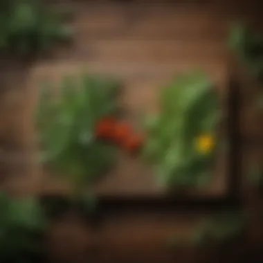 Artistic arrangement of edible weeds on a rustic wooden table