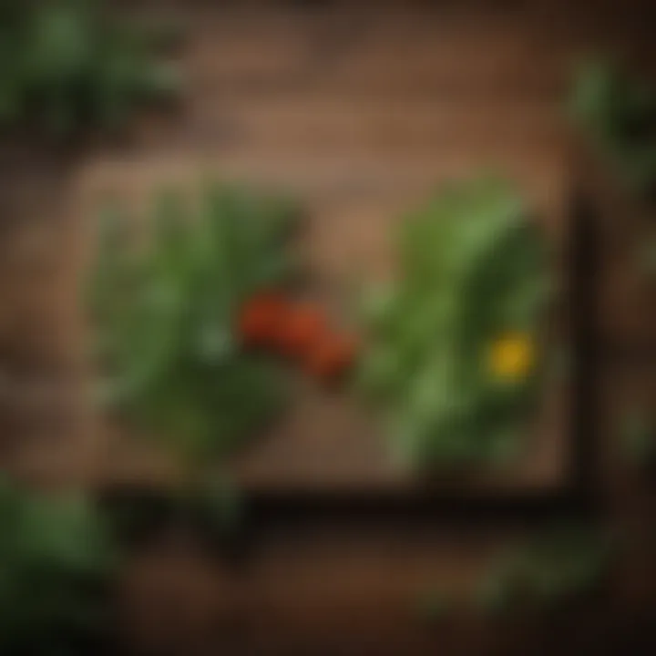 Artistic arrangement of edible weeds on a rustic wooden table