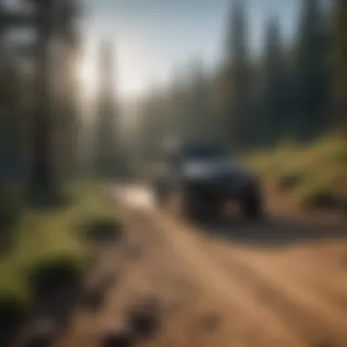 An off-road jeep navigating rocky terrain under a clear sky