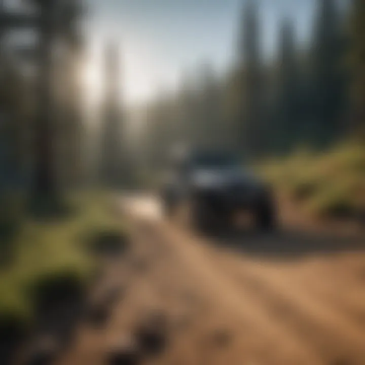 An off-road jeep navigating rocky terrain under a clear sky
