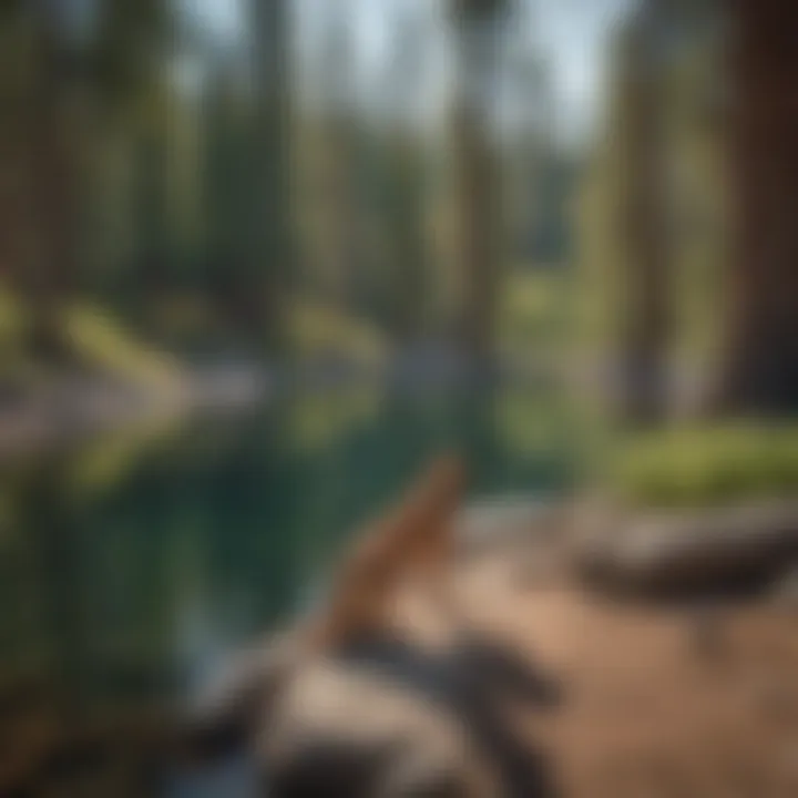 A scenic view of Lake Tahoe with dogs enjoying the outdoors