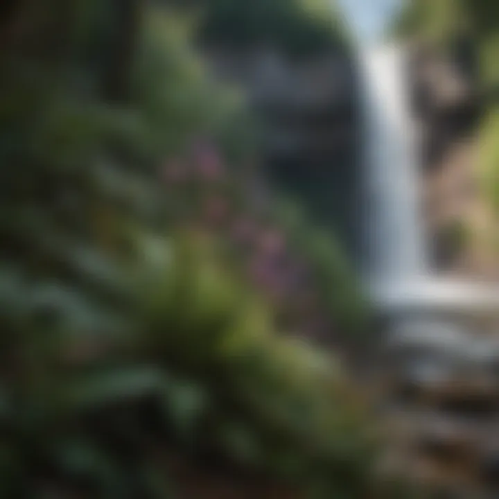 Wildflowers blooming near the base of the waterfall